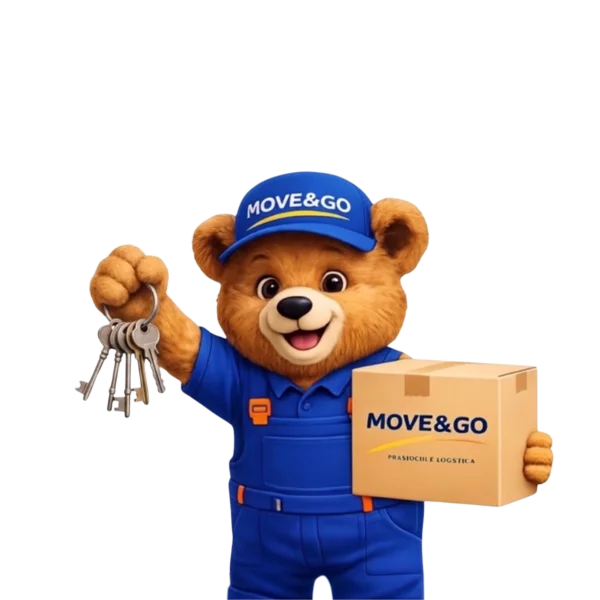 L'orso mascotte di Move & Go con uno scatolone